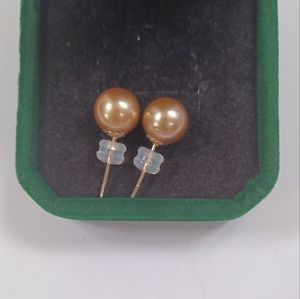 #3 Authentic Southsea Pear earrings 9mm 14K  Champagne color Round shaped(Stud).